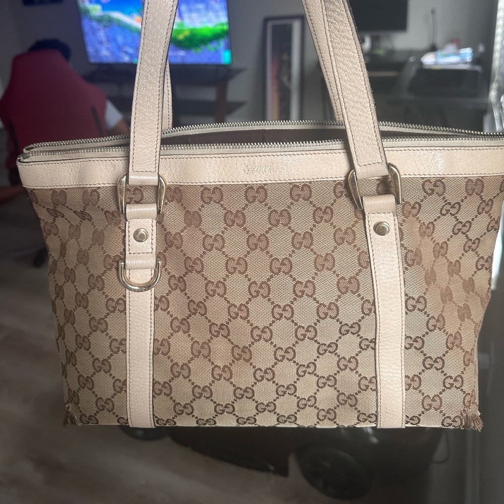 Authentic Gucci GG Canvas Tote Bag – Classic Monogram – Tan Leather Trim